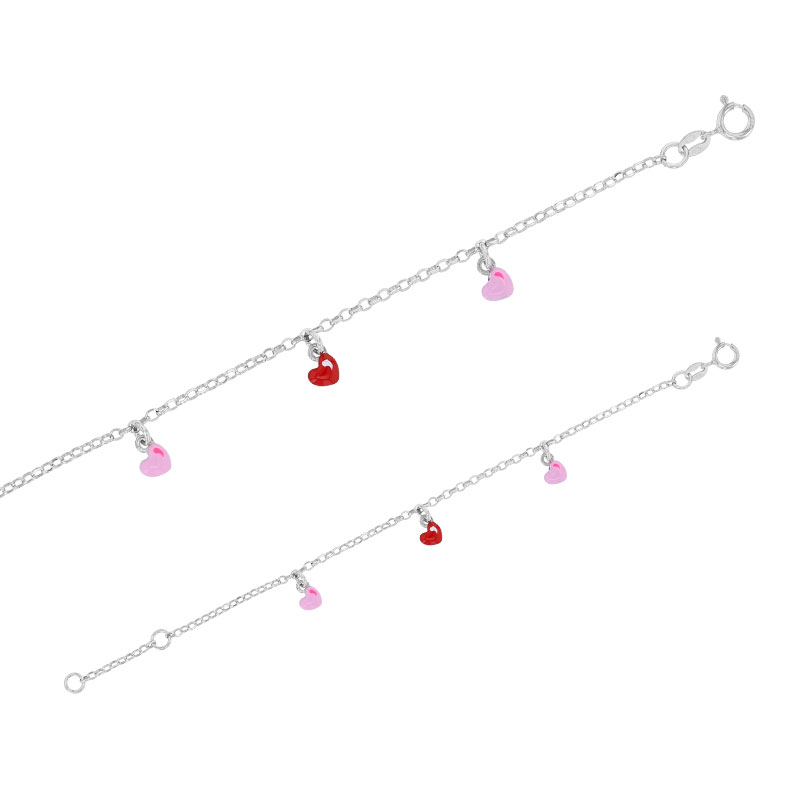 Bracelet pampille coeur, émail rose et rouge, argent 925/1000 rhodié