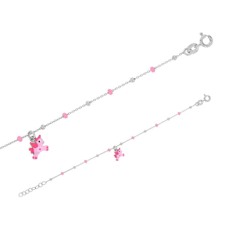 Bracelet pampille licorne, boules émaillées rose, argent 925/1000 rhodié