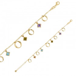 Bracelet pampilles cercles, losanges avec cristal maille jaseron, argent 925/1000 doré