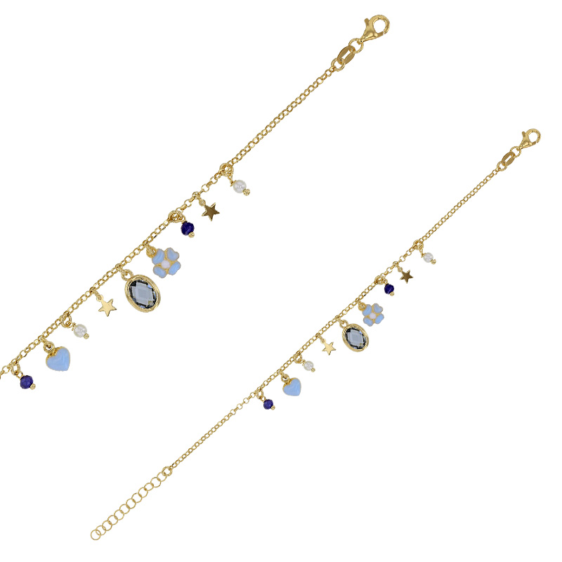 Bracelet pampilles étoile, fleur et c¶ur en émail bleu clair et cristaux en argent 925/1000 doré