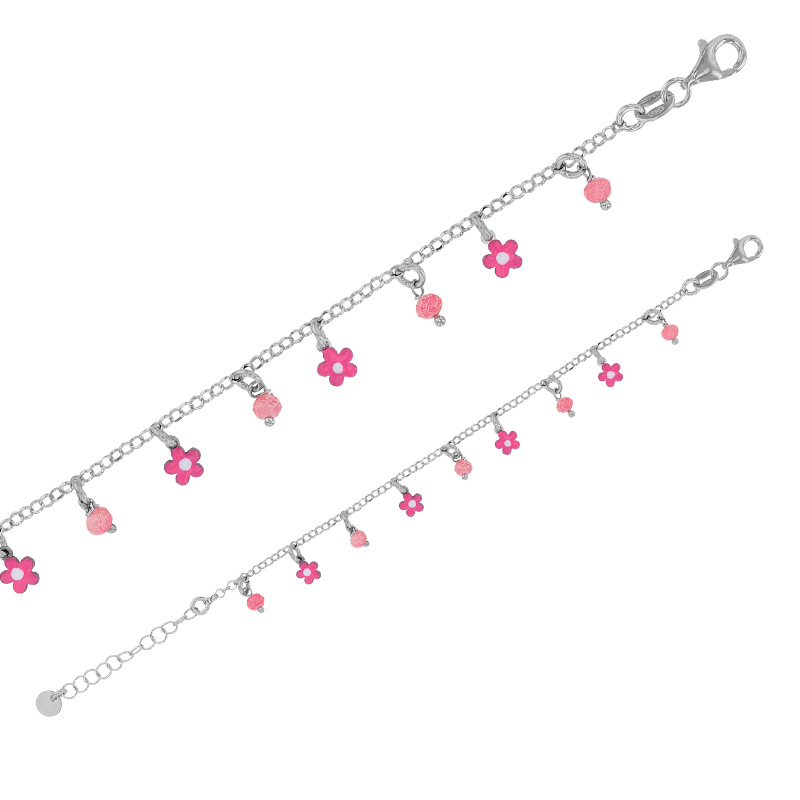 Bracelet pampilles fleurs et boules en émail rose, argent 925/1000 platiné