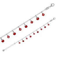 Bracelet pampilles fleurs et coccinelles émail rouge, argent 925/1000 platiné