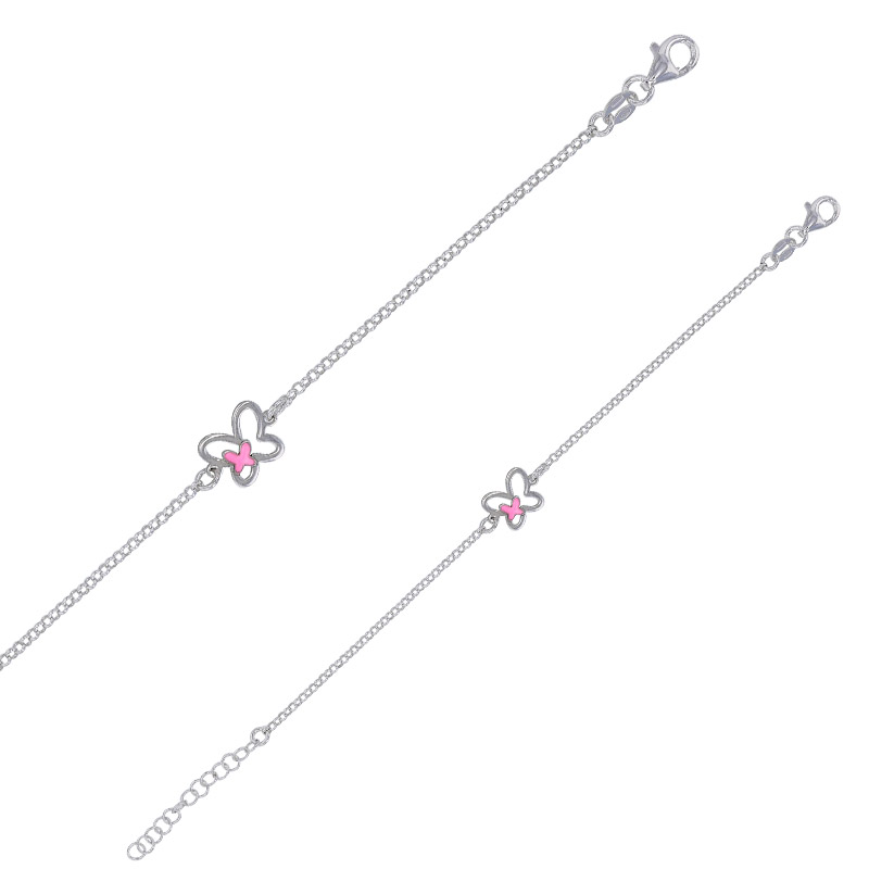 Bracelet papillon émail rose en argent 925/1000 rhodié