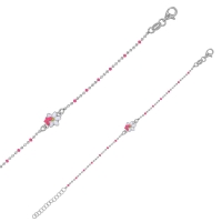 Bracelet papillon sur fleur émail blanc et rose, maille perlée et diamantée argent 925/1000 rhodié