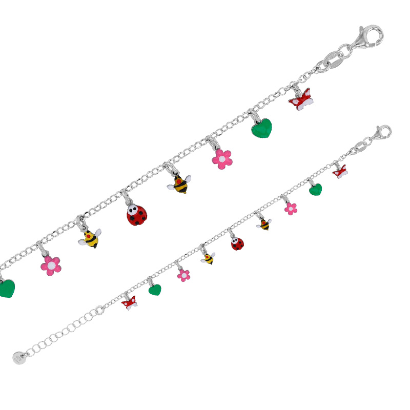 Bracelet papillons, coeurs, fleurs, abeilles, coccinelles en émail, argent 925/1000 platiné