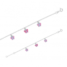 Bracelet papillons pampille, émail rose et fuchsia, argent 925/1000 rhodié