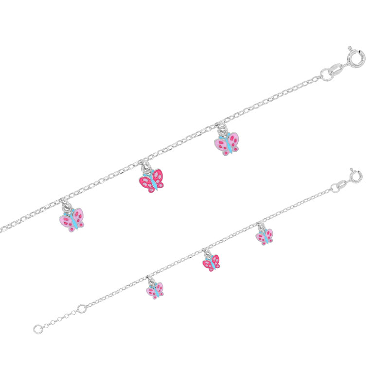 Bracelet papillons pampille, émail rose et fuchsia, argent 925/1000 rhodié