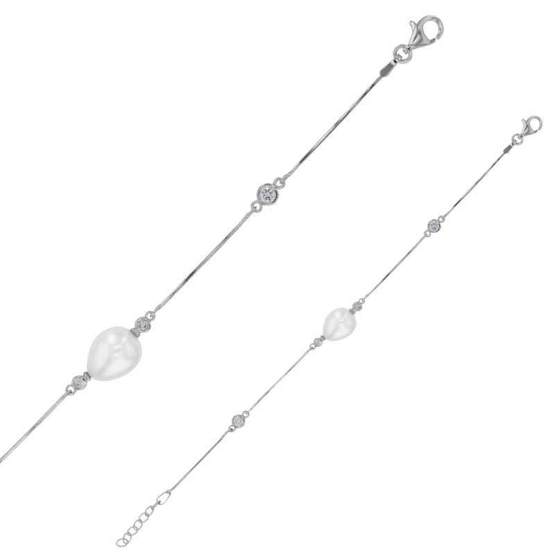 Bracelet perle d'eau douce de culture, argent rhodié maille serpent et oxyde de zirconium