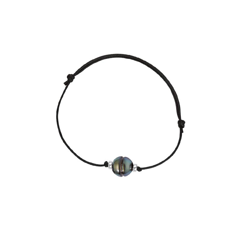 Bracelet perle de Tahiti de culture cerclée baroque, cordon réglable coton ciré noir
