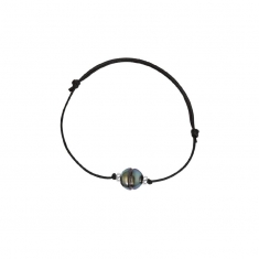 Bracelet perle de Tahiti de culture cerclée baroque, cordon réglable coton ciré noir