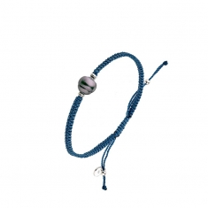 Bracelet perle de Tahiti de culture cerclée baroque, cordon réglable coton tressé bleu