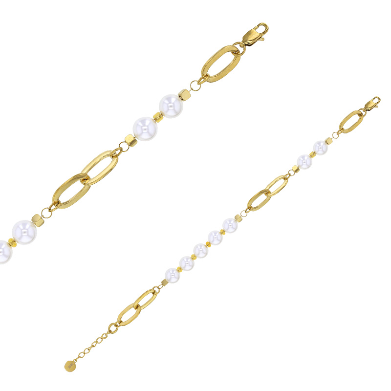 Bracelet perles de coquillage maille ovale en acier doré
