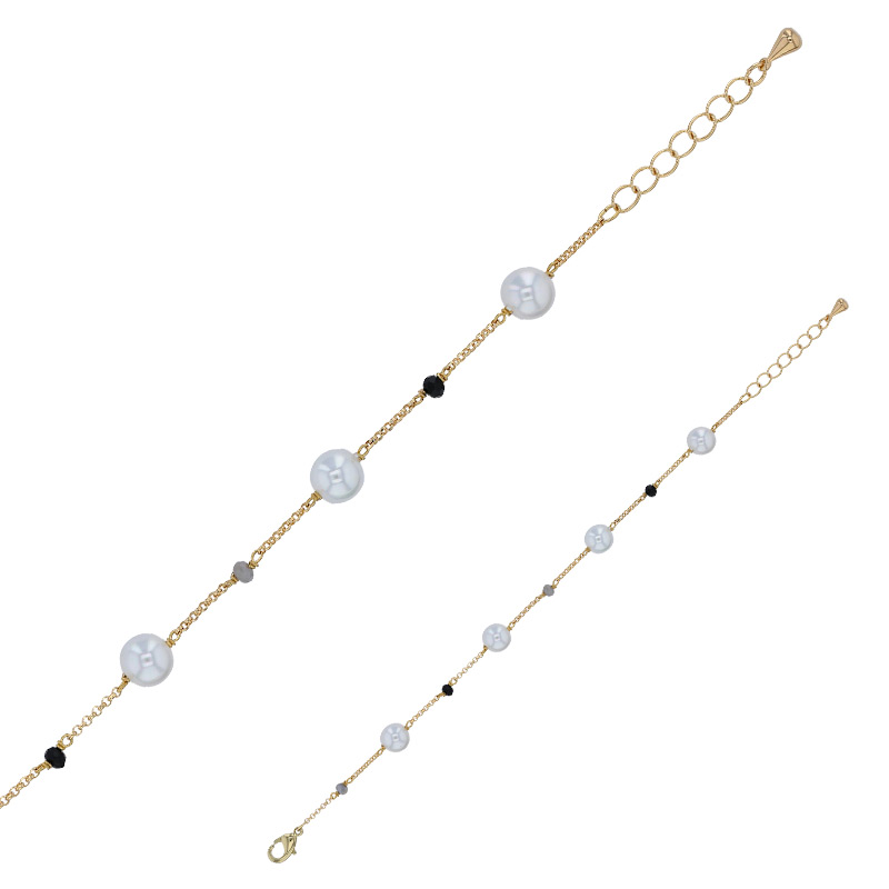 Bracelet perles de Majorque blanches, cristaux bleu clair, laiton doré