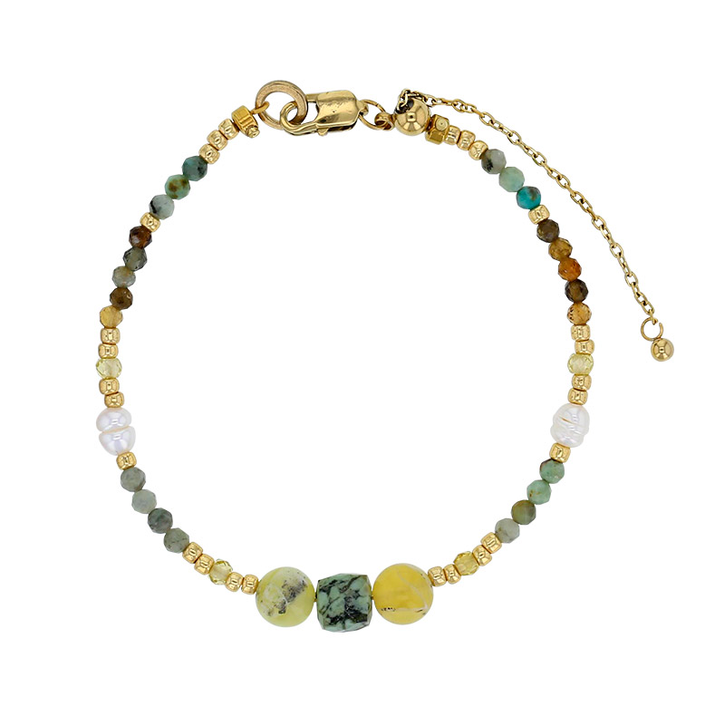 Bracelet perles de verre Miyuki, perle de culture d'eau douce, jaspe cristal et oxyde, acier doré
