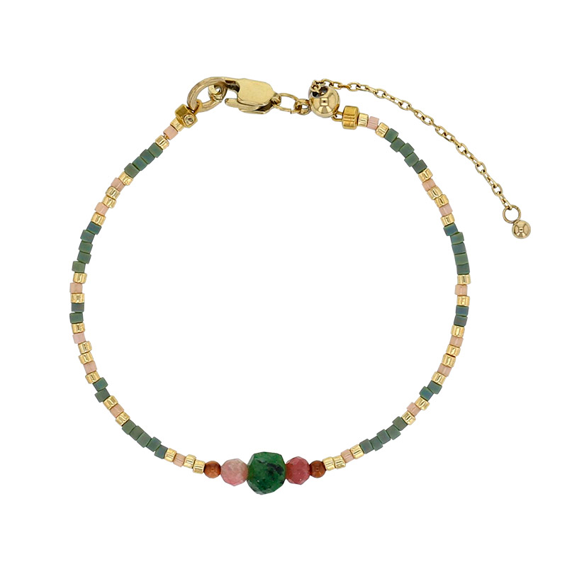 Bracelet perles de verre Miyuki rhodonite cristal vert et rouge coquillage, acier doré