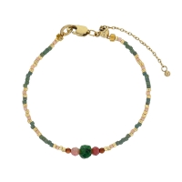 Bracelet perles de verre Miyuki rhodonite cristal vert et rouge coquillage, acier doré