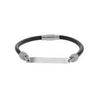 Bracelet plaque à graver en acier et cuir de bovin noir