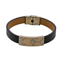 Bracelet plaque carte du monde acier bronze, cuir de bovin noir