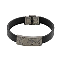Bracelet plaque carte du monde acier patiné, cuir de bovin noir