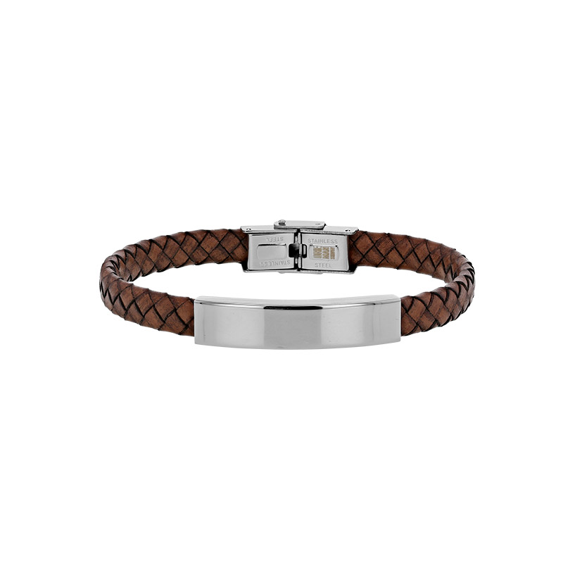 Bracelet plaque et fermoir acier, cuir de bovin tressé noir