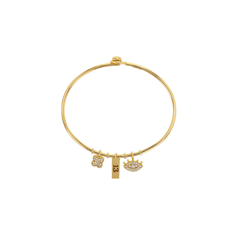 Bracelet porte-bonheur  - trèfle - chiffre 13 -  3e oeil - argent rhodié et oxyde de zirconium