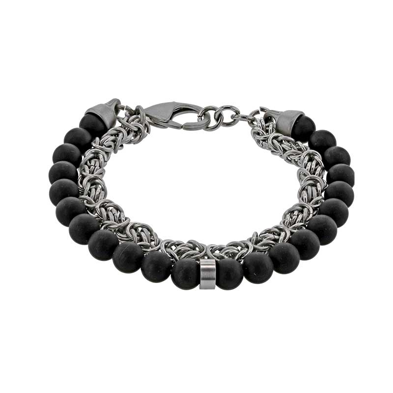 Bracelet 1 rang Acier avec chaîne fantaisie et 1 rang avec boules en onyx