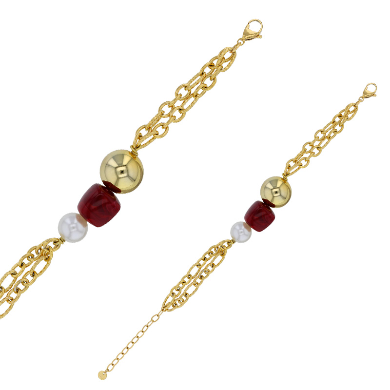 Bracelet 2 rangs, 1 boule acier doré, 1 boule résine nacrée et 1 cube résine violette