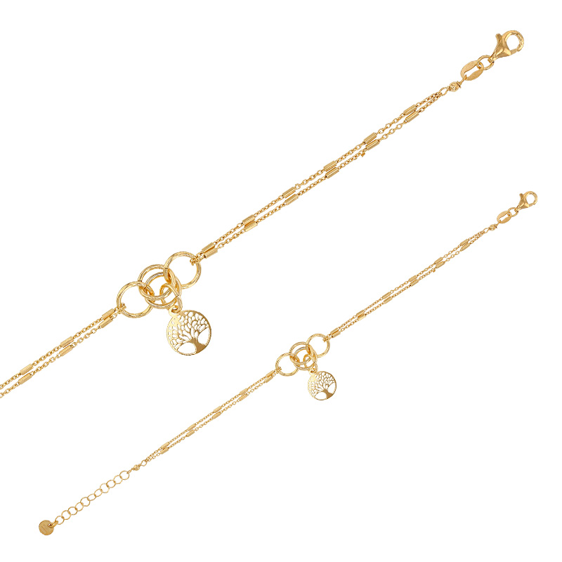 Bracelet 2 rangs cercles ornés d'un arbre de vie, argent 925/1000 platiné