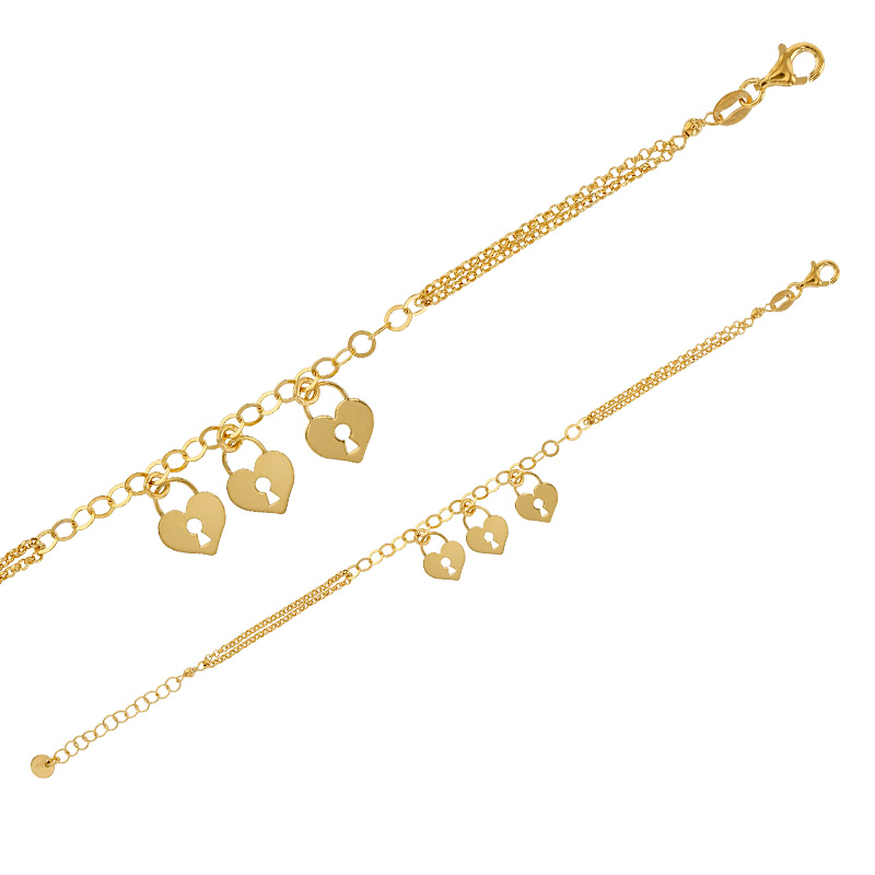 Bracelet 2 rangs 3 coeurs cadenas pampilles, argent 925/1000 doré