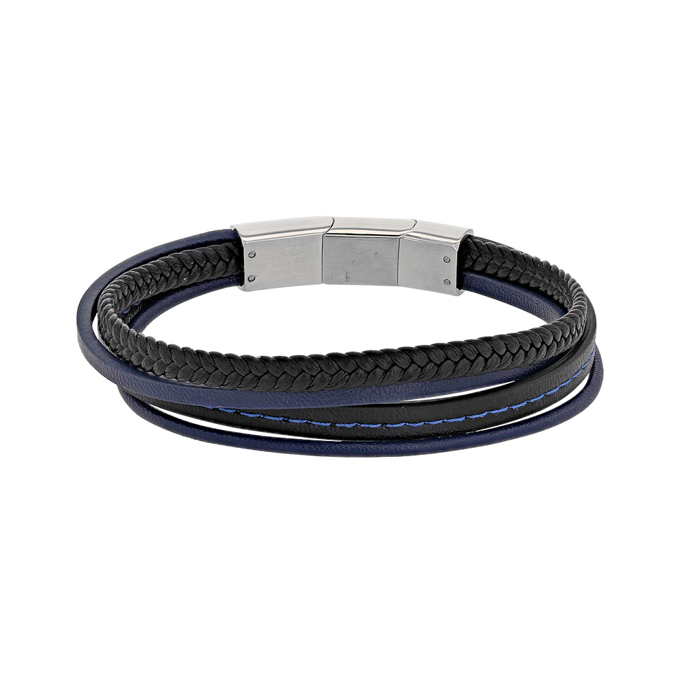 Bracelet 4 rangs cuir de bovin lisse et tressé noir et bleu marine, fermoir acier