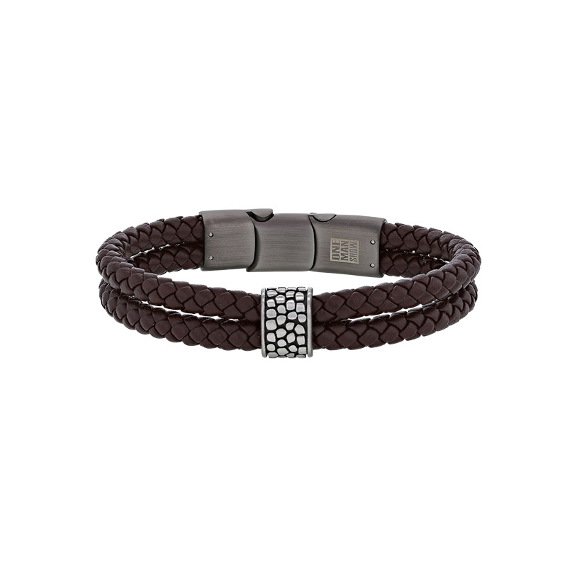 Bracelet 2 rangs cuir de bovin marron, perle motif reptile et fermoir aimanté acier