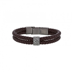 Bracelet 2 rangs cuir de bovin marron, perle motif reptile et fermoir aimanté acier