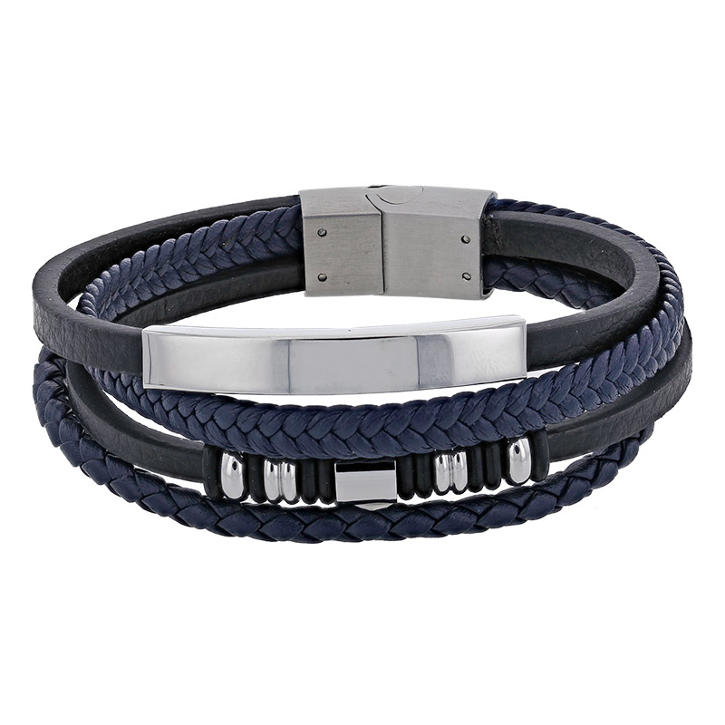 Bracelet 4 rangs cuir de bovin noir et bleu à motif, fermoir aimanté acier