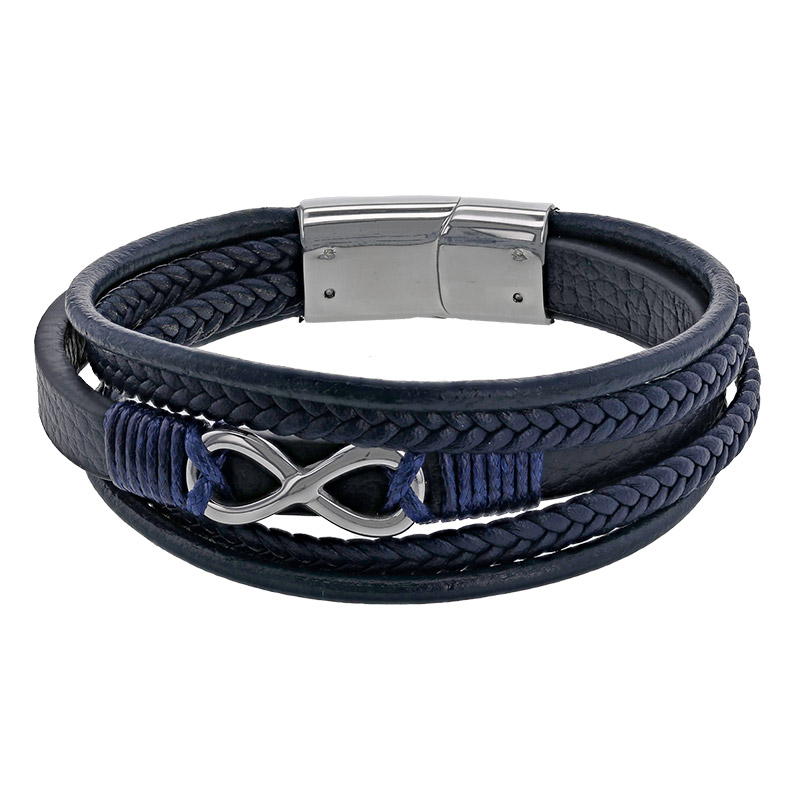 Bracelet 4 rangs cuir de bovin noir et bleu, motif infini et fermoir acier