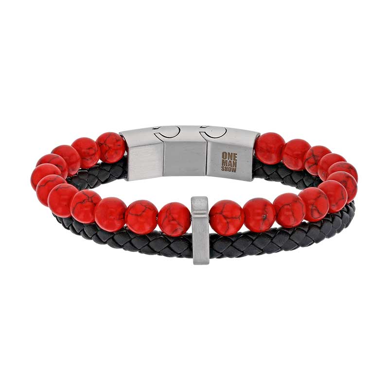 Bracelet 2 rangs, cuir de bovin noir et pierres synthétiques rouges