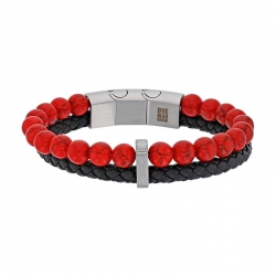 Bracelet 2 rangs, cuir de bovin noir et pierres synthétiques rouges