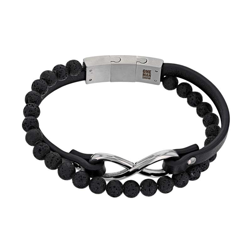 Bracelet 2 rangs cuir de bovin noir Infini, boules pierre de lave et fermoir acier