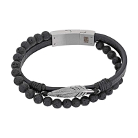Bracelet 2 rangs cuir de bovin noir Plume, boules pierres de lave et fermoir acier
