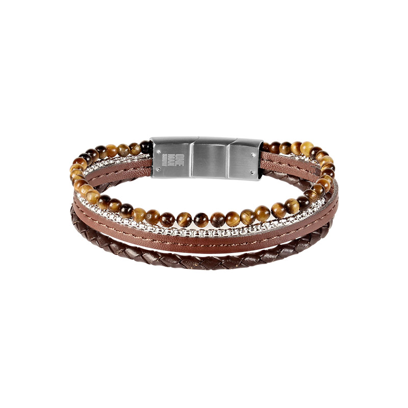 Bracelet 4 rangs cuir de bovin tressé et lisse marron, boules Oeil de tigre et acier