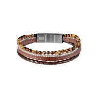 Bracelet 4 rangs cuir de bovin tressé et lisse marron, boules Oeil de tigre et acier