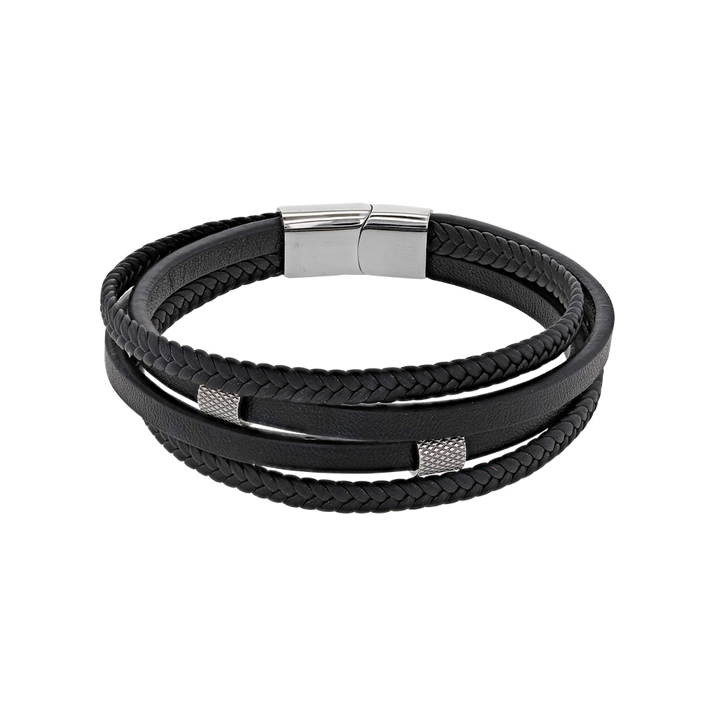 Bracelet 4 rangs cuir de bovin tressé et lisse noir, éléments et fermoir acier