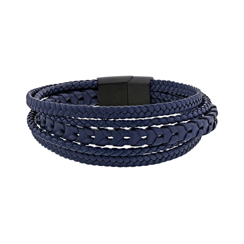Bracelet 5 rangs en cuir de bovin bleu tressé