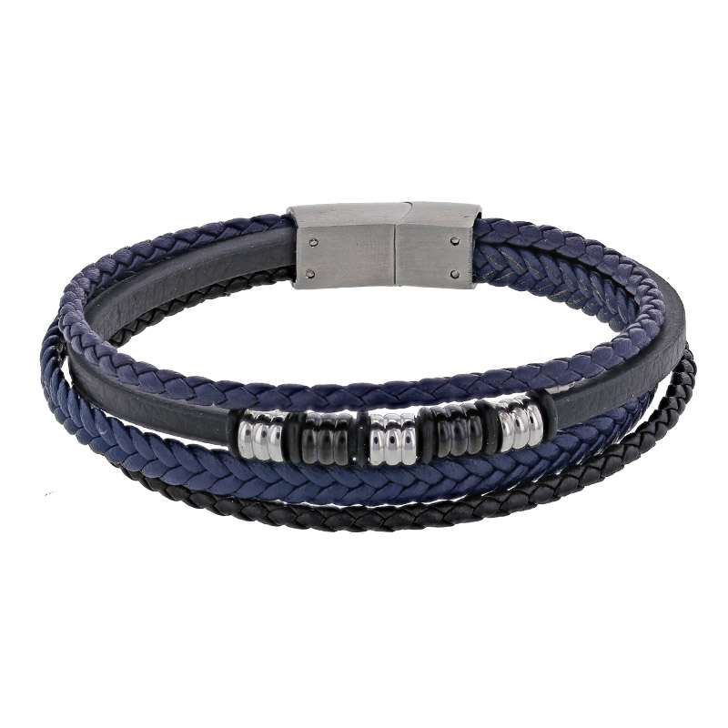Bracelet 4 rangs en cuir de bovin et acier, noir et bleu