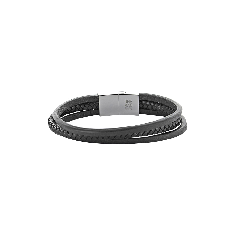 Bracelet 3 rangs en cuir de bovin lisse et tressé noir, fermoir acier