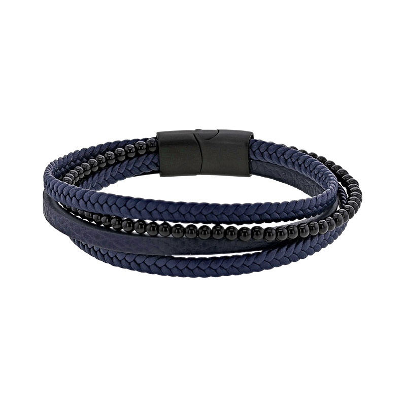 Bracelet 4 rangs en cuir de bovin lisse et tressé, orné de perles de verre bleu et noir