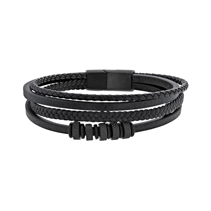 Bracelet 4 rangs en cuir de bovin noir, lisse, tressé avec anneaux et fermoir en acier