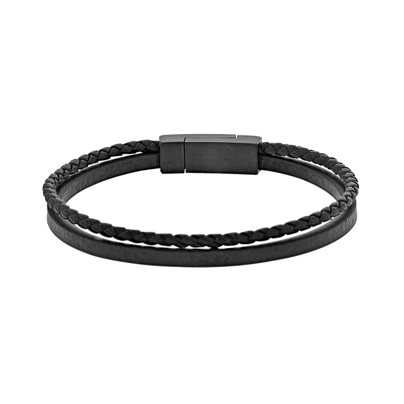 Bracelet 2 rangs lisse et tressé en cuir de bovin noir, avec fermoir en acier