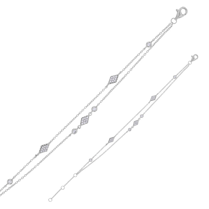 Bracelet 2 rangs motifs losanges pavé d'oxydes, argent 925/1000 rhodié