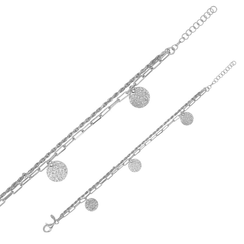 Bracelet 2 rangs pampilles ronds martelés, argent 925/1000 platiné