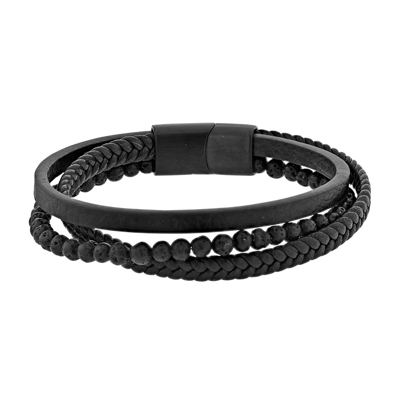 Bracelet 3 rangs synthétique lisse et tressé, orné de pierres de lave noires